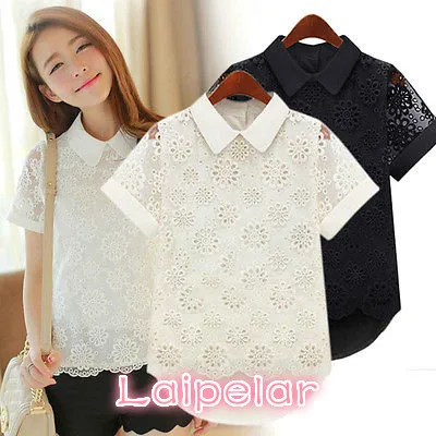 

2018 Lady Retro Floral Print Hollow Chiffon Short Sleeve Doll Collar Blouse Tops Floral Shirts Laipelar