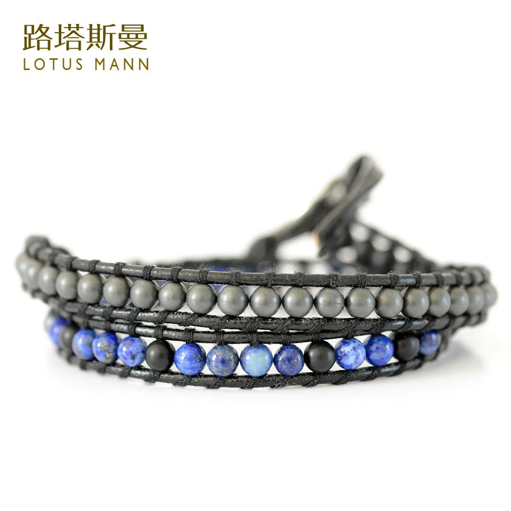 

Lotus Mann Lapis lazuli and grind arenaceous black gallstone two black leather cord bracelet