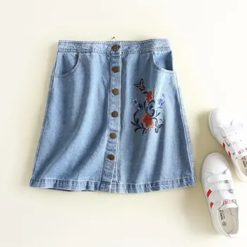 

2019 Europe & The United States Style Summer New Arrival Single Breasted Denim Skirts Floral Embroidery Mini Skirt Free Shippin
