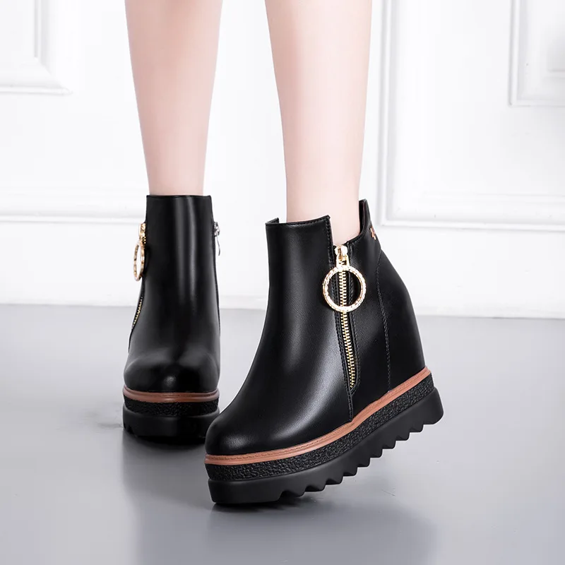 

SWYIVY Increased Wedge Snow Boots Woman Side Zipper 2018 Autumn Winter Female Platform Thick Bottom Casual Shoe Black Snow Boots