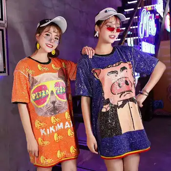 

Summer sequins short-sleeved women 2019 spring and summer new tide brand cartoon sequins street short-sleeved long t-shirt women
