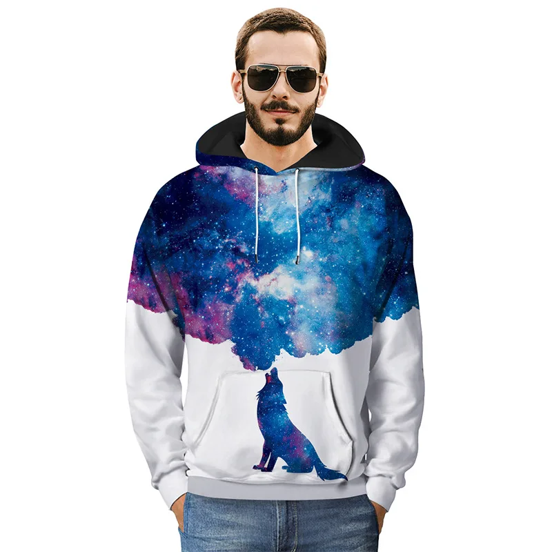 Punk Cool Galaxy Wolf 3D Print Hoodies Sweatshirts for Men Male Casual Winter Spring Hooded Pullover Hoody Tops Coat Streetwear