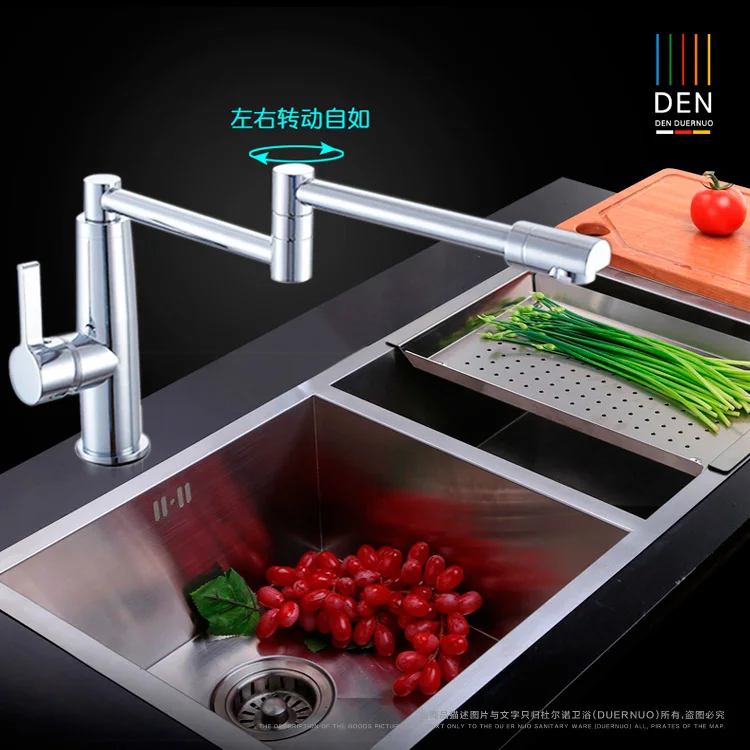 Full copper hot and cold kitchen folding faucet universal capable of 360 degree rotary Brushed sink