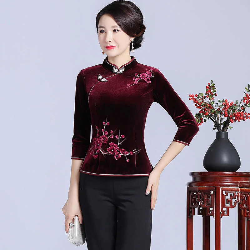 Осень Зима Новая бархатная женская рубашка Китайская традиционная вышивка цветок одежда Tang элегантная облегающая блузка Большие размеры 3XL 4XL