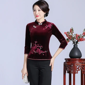 

Autumn Winter New Velvet Women Shirt Chinese Traditional Embroidery Flower Tang Clothes Elegant Slim Blouse Large Size 3XL 4XL
