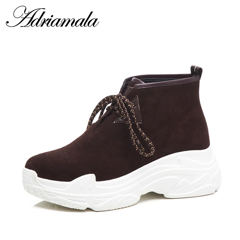 

2018 Genuine Leather Ladies High Heel Boots Lace-up Round Toe Wedges Sewing Cow Leather New Ankle Boots Women Fashion Adriamala