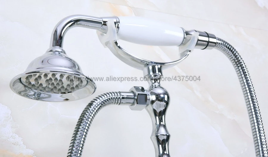 Polished Chrome Bathroom Shower Faucet With Hand Held Shower Head Set Double Handles Deck Mounted Bathroom Faucet Nna131
