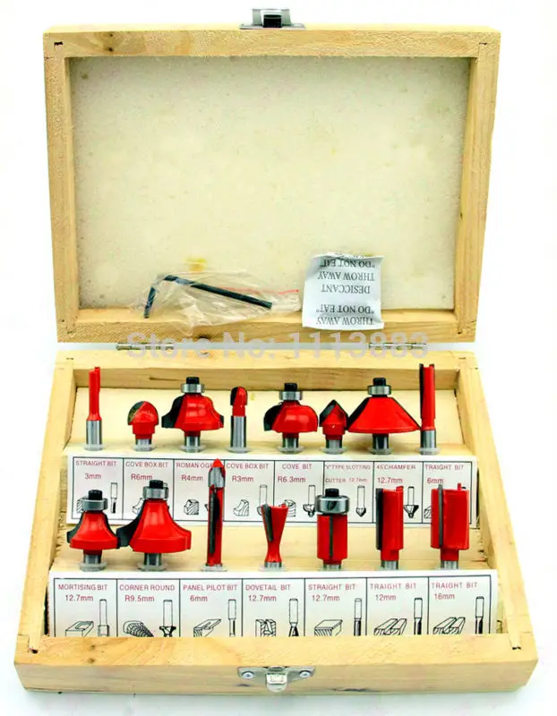 

15PCS 1/4" Shank Diameter, TCT Router Bit Set in a Wooden Box
