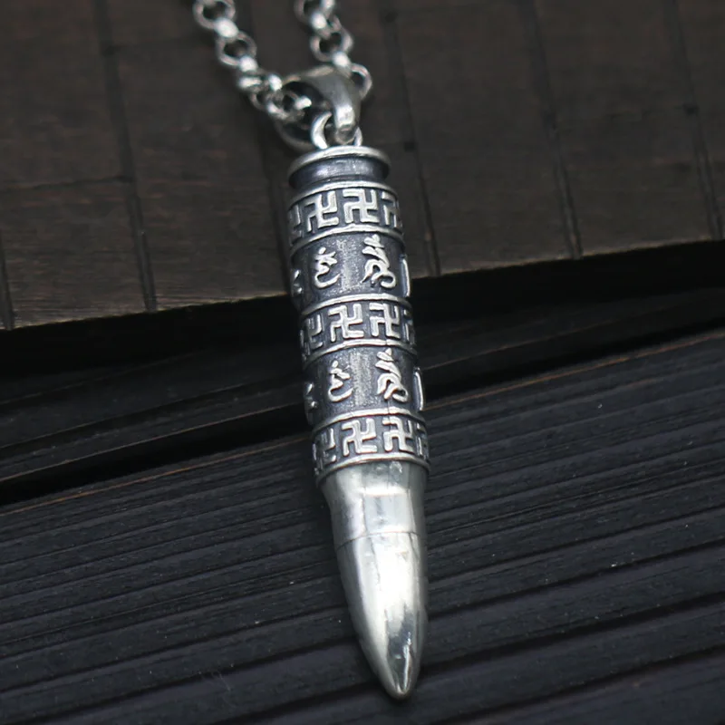 

Retro Solid Real 925 Silver Sterling Necklace Tibet Buddha Om bullet Pendant Amulet Six-word Mantra Necklace