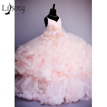 2016 Pink Flower Pageant Dresses For Girls Kids Ball Gowns Tiered Ruffles Backless First Communion Dresses For Girls To Wedding tulle glitz pageant dresses long flower girls dresses for wedding gowns ball gown girls first communion mother daughter dresses