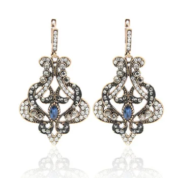 Vintage Turkish Women Big Flower Long Drop Hook Earring Antique Color Resin Jewelry Arabesque Patterns Rhinestone India Earrings
