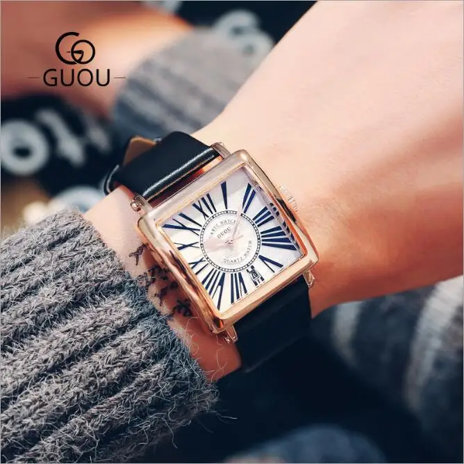 

GUOU Watch Men Top Luxury Square Blu-ray Men's Quartz Watches Fashion Roman Scale Leather Watch Clock saat relogio masculino