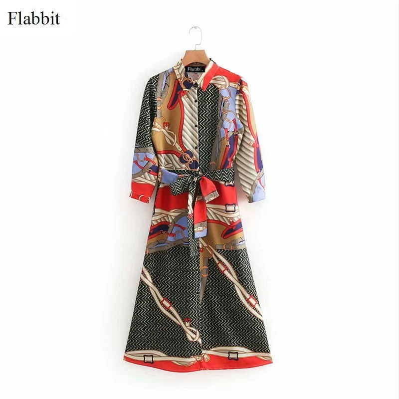 

Flabbit women vintage chain patchwork print shirtdress bow tie sashes long dress ladies three quarter sleeve chic vestidos DS283
