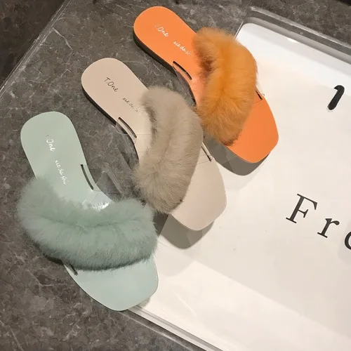 

Odinokov Women's Fox Fur Slippers Indoor Flat Warm Furry Slippers Outside Girls Plush Sandals Women Slides Flip Flops