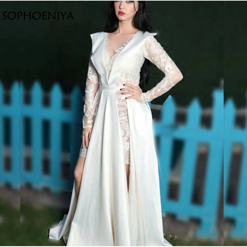 

New Arrival Arabic Long sleeve evening dresses 2019 Lace white Party Prom dresses abiye kaftan dubai evening dress