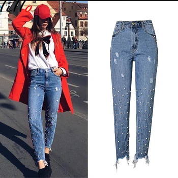 

2019 high waist slim jeans Straight pearl 3 color studded irregular feet tassel hole denim trousers Fashion casual jeans unique