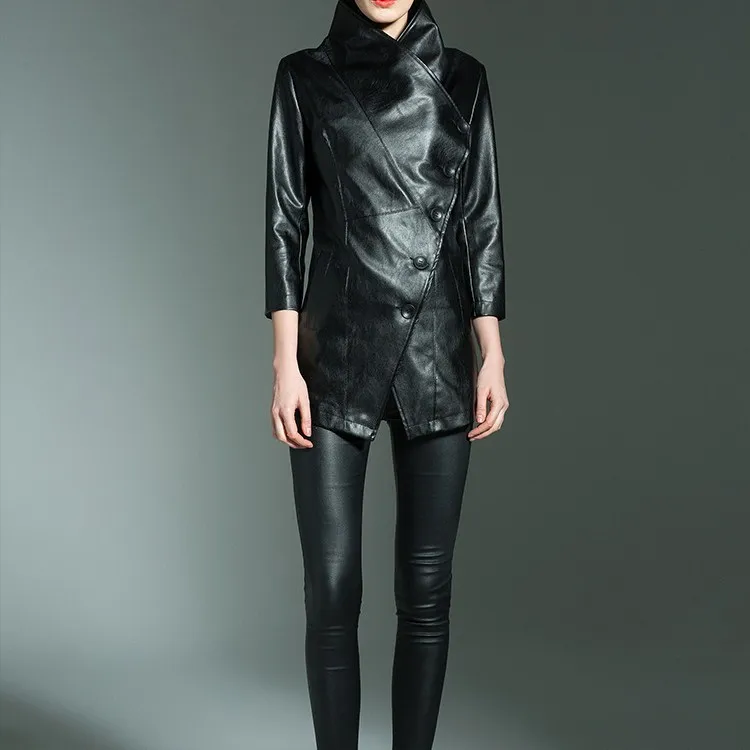 Новое поступление, женская черная теплая верхняя одежда, осенне-зимнее кожаное пальто с длинным рукавом, повседневные куртки из искусственной кожи с отложным воротником