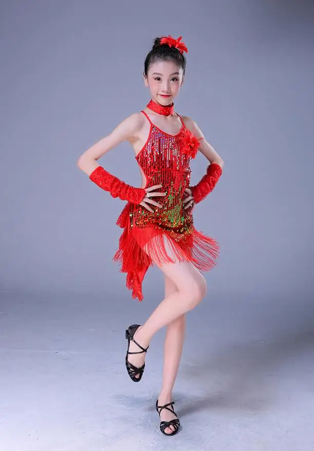 Ragazza Paillettes Nappa Danza Abito Latino Salsa Ballo Sala