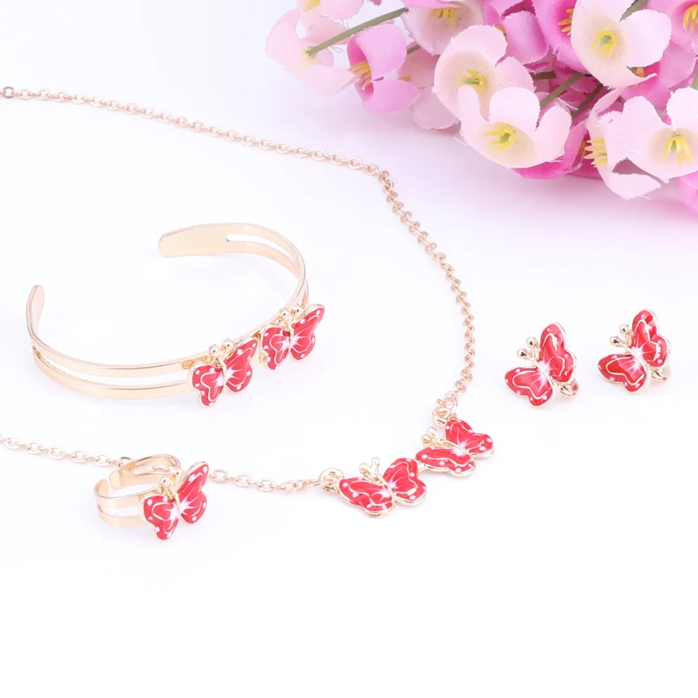 Золотой цвет милый детский Ювелирный Комплект с бабочкой детский комплект ювелирных изделий ожерелье браслет серьги кольцо 8 цветов
