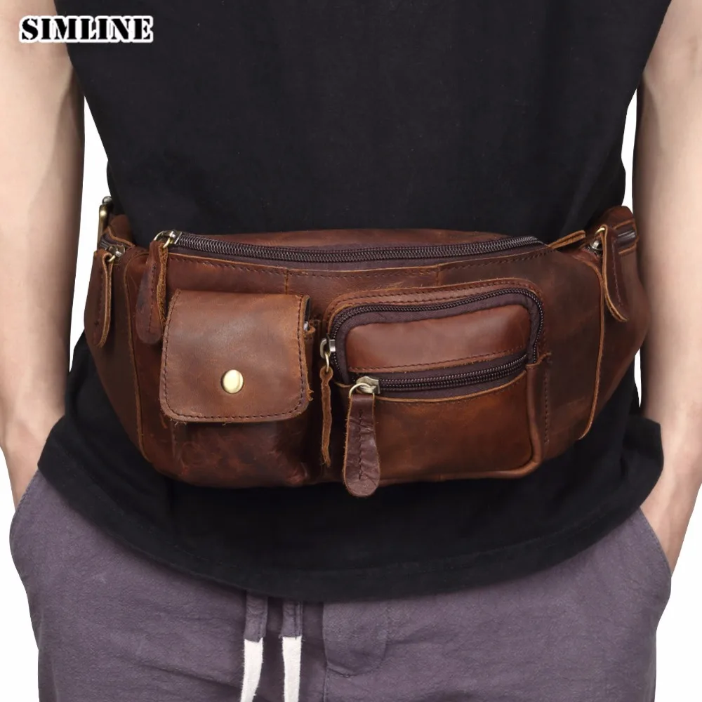 

SIMLINE Genuine Leather Wasit Bag Pack Men Men's Vintage Multi Function Real Cowhide Belt Bag Pouch Chest Crossbody Bags Male