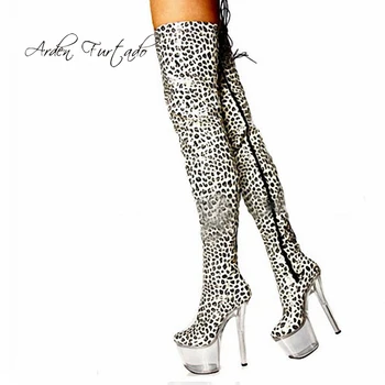 

Arden Furtado 2019 Fashion Women's Shoes round Toe Stilettos Heels Waterproof Over The Knee High Boots leopard booties 17cm new