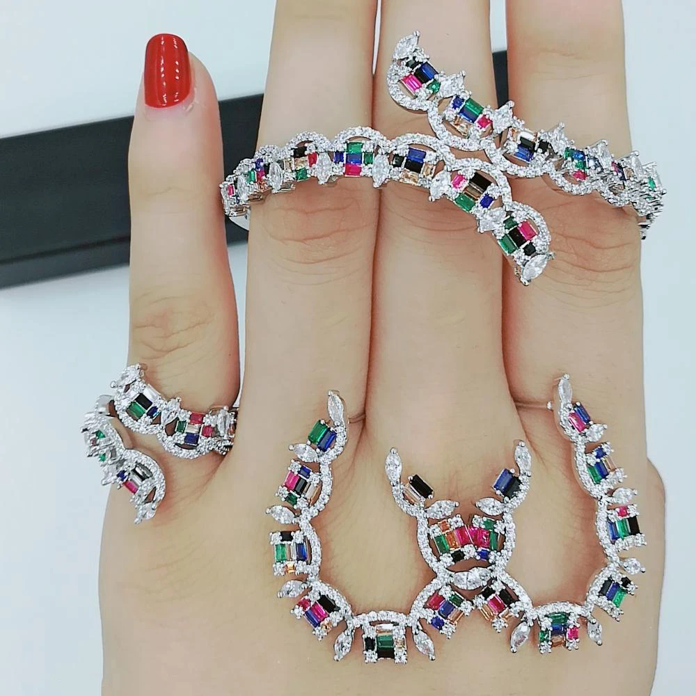 

missvikki Handmade Full Cubic Zirconia Luxury Bangle Earrings Ring Jewelry Set for Bridal Women Wedding Show Party Jewelry Set