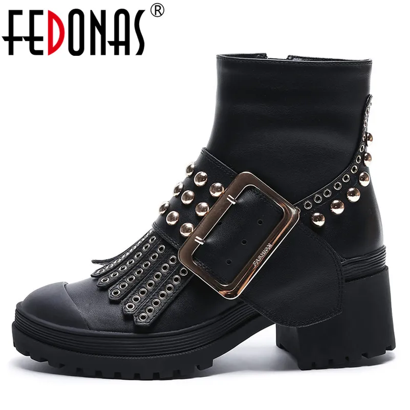 

FEDONAS Punk Women Genuine Leather Rivets Ankle Boots High Heels Golden Buckles Night Club Party Shoes Woman Motorcycle Boots