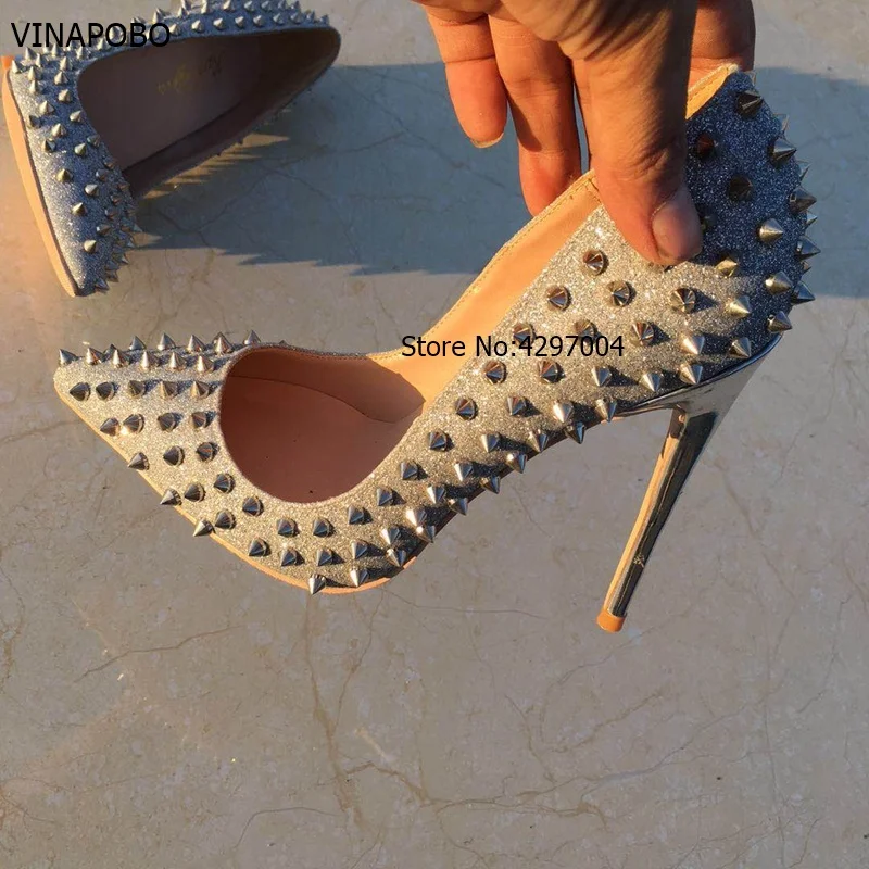 Vinapobo Glitter Spikes Women Fashion Shoes Studded Rivets Silver High Heels Lady Shoes stiletto pumps shoes plus size 35-43