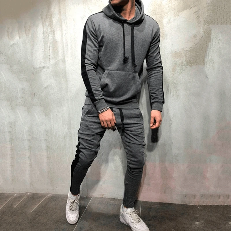 

Fashion Men Tracksuit 2019 New Autumn Winter Hooded Sweatshirt +Drawstring Pants Male Stripe Patchwork Hoodies 2 Pieces Sets