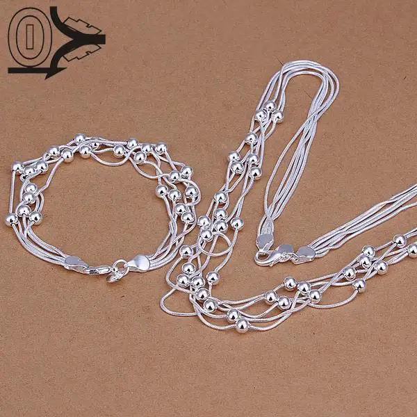 

New Arrival Silver Plated Jewery Set,Fashion Party Accessories,Five Lines Light Beads Silver Ball Necklace Bracelet Two-pieces