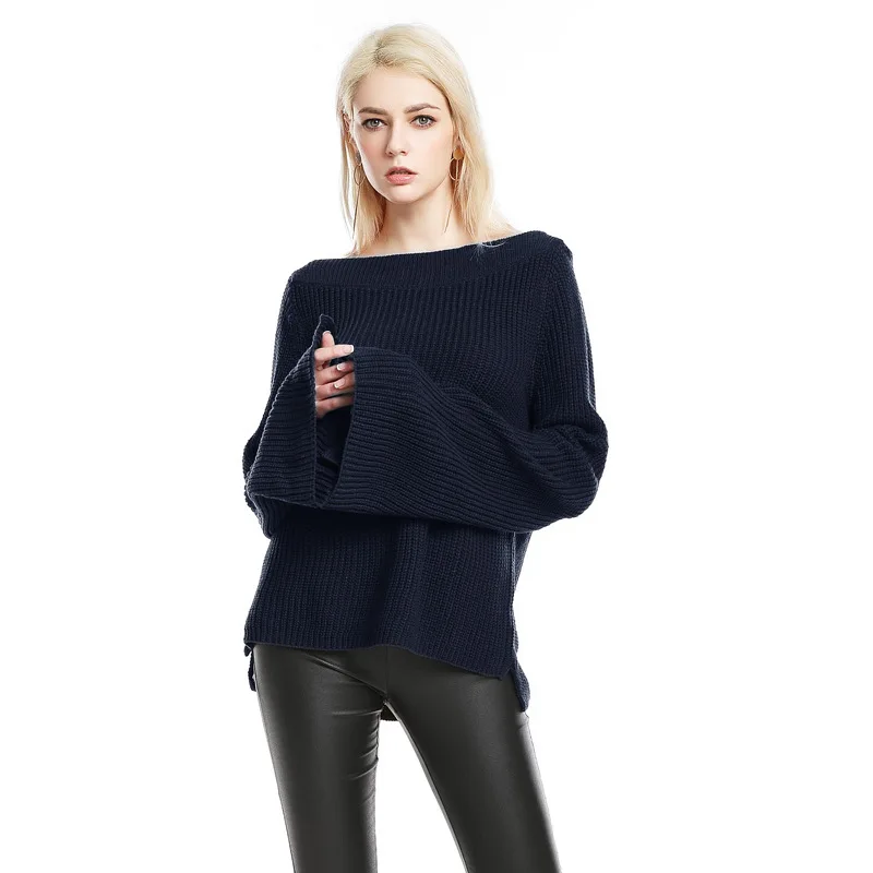 Spring Girl Knitted Pullover Women One Word Collar Trumpet Sleeve Individual New Large Size Solid Color Female Loose Sweater Spring Girl Knitted Pullover Women One Word Collar Trumpet Sleeve Individual New Large Size Solid Color Female Loose Sweater
