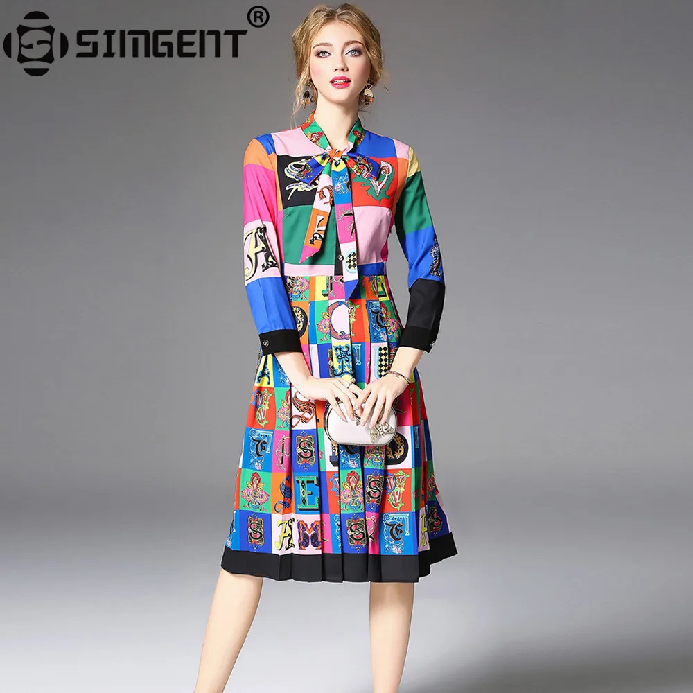 

Simgent Womens Blouse Dress Fashion Bow Neck Long Sleeve Knee Length Print Shirt Pleated Dress Vintage Jurken Vestidos SG810084
