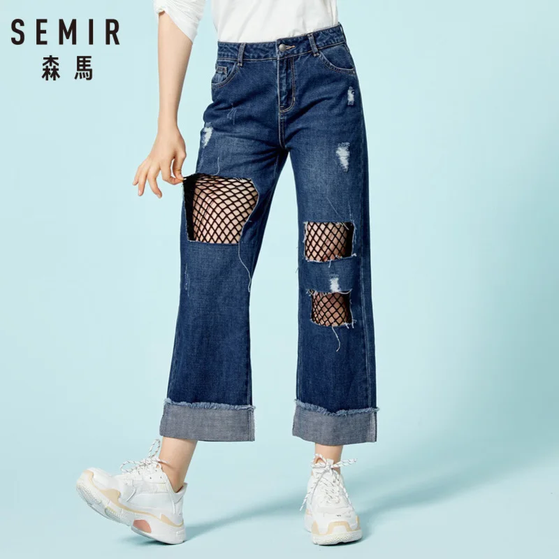 

SEMIR Women 100% Cotton Fishenet Jeans with Distressed Detail Boyfriend Cropped Wide Leg Jeans in Washed Denim with Roll-up Hem