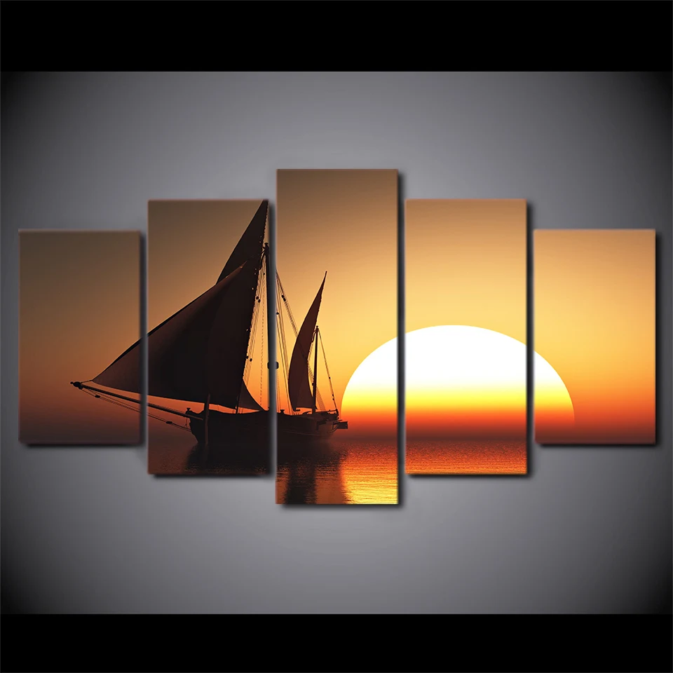 Modular Pictures Modern Canvas Framework HD Printed 5 Piece/Pcs Sun Sea Ship Scenery Home Decor Living Room Wall Art Painting