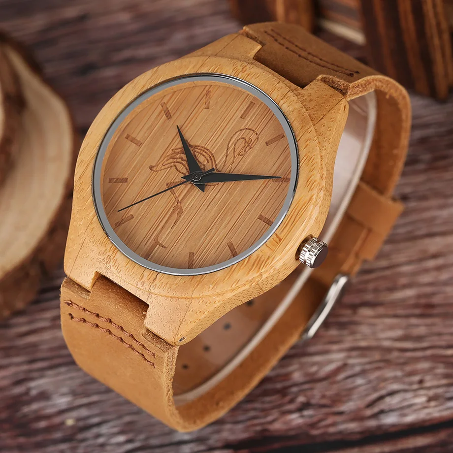 High Quality Men Wood Watch Natural Bamboo Wooden Handamde Lighweight Quartz Wristwatch CatDog Pattern Cute Animal Clock (8)