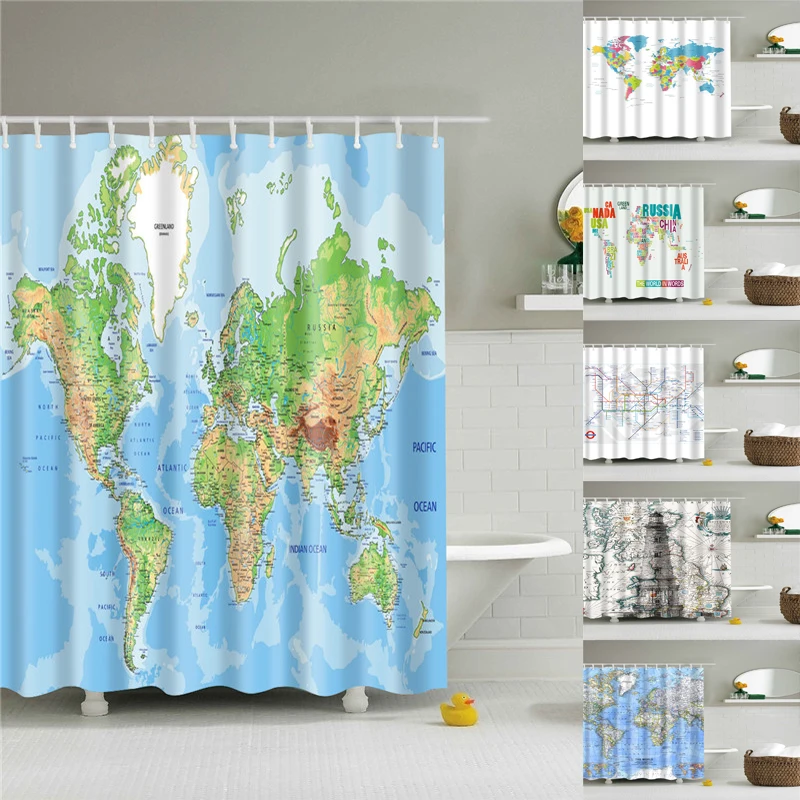 Карта мира, синие занавески для душа, занавески для ванной комнаты, моющиеся занавески для ванной, полиэфирная ткань, занавески, украшения