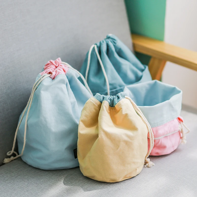 

Canvas Drawstring Bucket Storage Bin Bag Set of 2, Both Sided Different Colors Usable, 1 Main Pocket with 3 Small Pouch