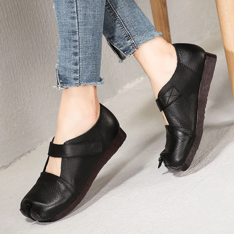

2019 Spring Flats Shoes Women Leather Split Toe Shoes Soft Bottom Comfortable Womans Shoes Loafers Black /Brown