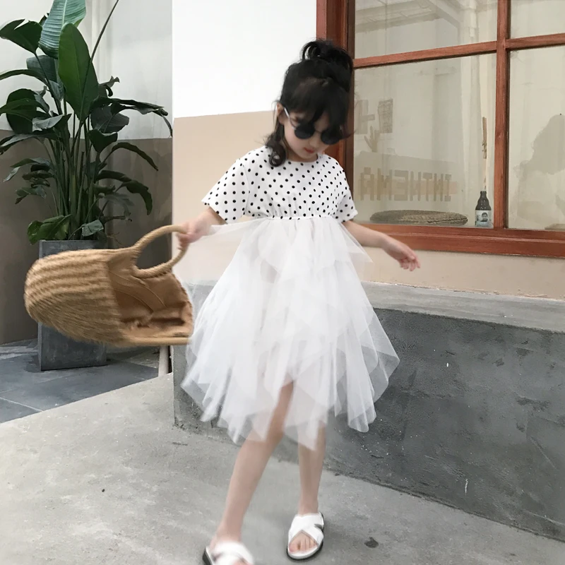 

Girls dress summer dress 2019 new Korean version of children's foreign fashion wave dot mesh stitching princess dress tide