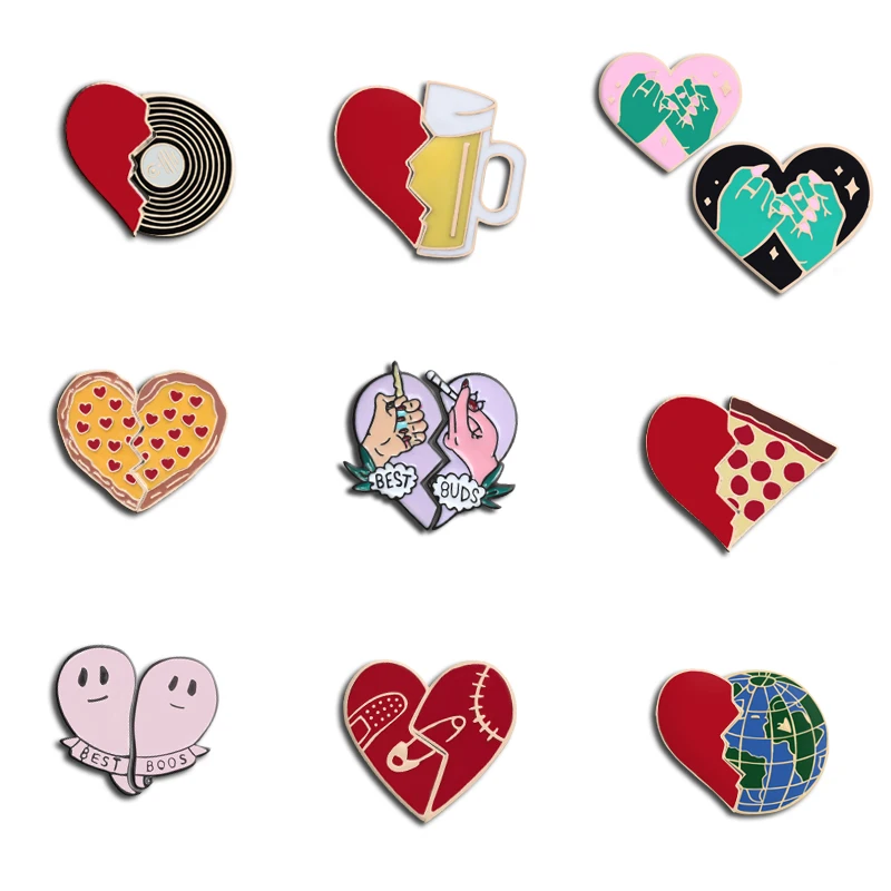 

2pcs/set Creative Fashion Brocken Heart Earth Cup Pizza Brooches Enamel Pin Jackets Collar Pin Badge Women Gifts Corsage Jewelry