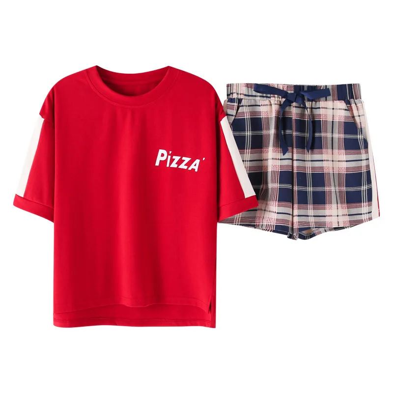 

Korean Loose Plaid 2019 Summer Cute Pajamas Women Cotton Pajama Set Short Sleeve Elastic Waist Sleepwear Lounge pyjamas S93220