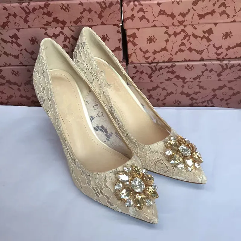 

Hot 2018 Spring Autumn Mesh Woman Pumps High Heels Pointed Toe pumps Crystal Slip-on Sweet Casual Fashion Designer Woman Pumps