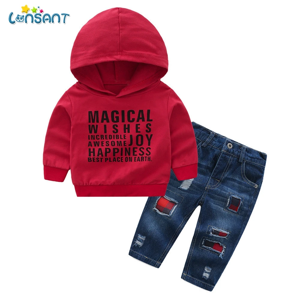 

LONSANT Fashion baby boys spring autumn clothing set Infant Baby Boys Girls Letter Print Hooded Tops Pullover Denim Pants Sets