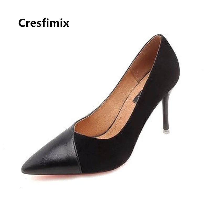 Cresfimix women cool comfortable slip on office work high heel shoes lady casual flock & pu leather black high heel pumps c3051