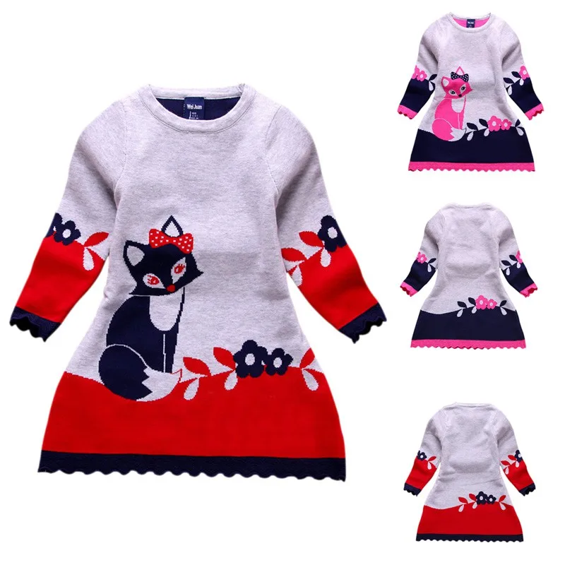 Baby Girls Dress Animal Applique Cotton Vestido Long Sleeve Fox Dresses