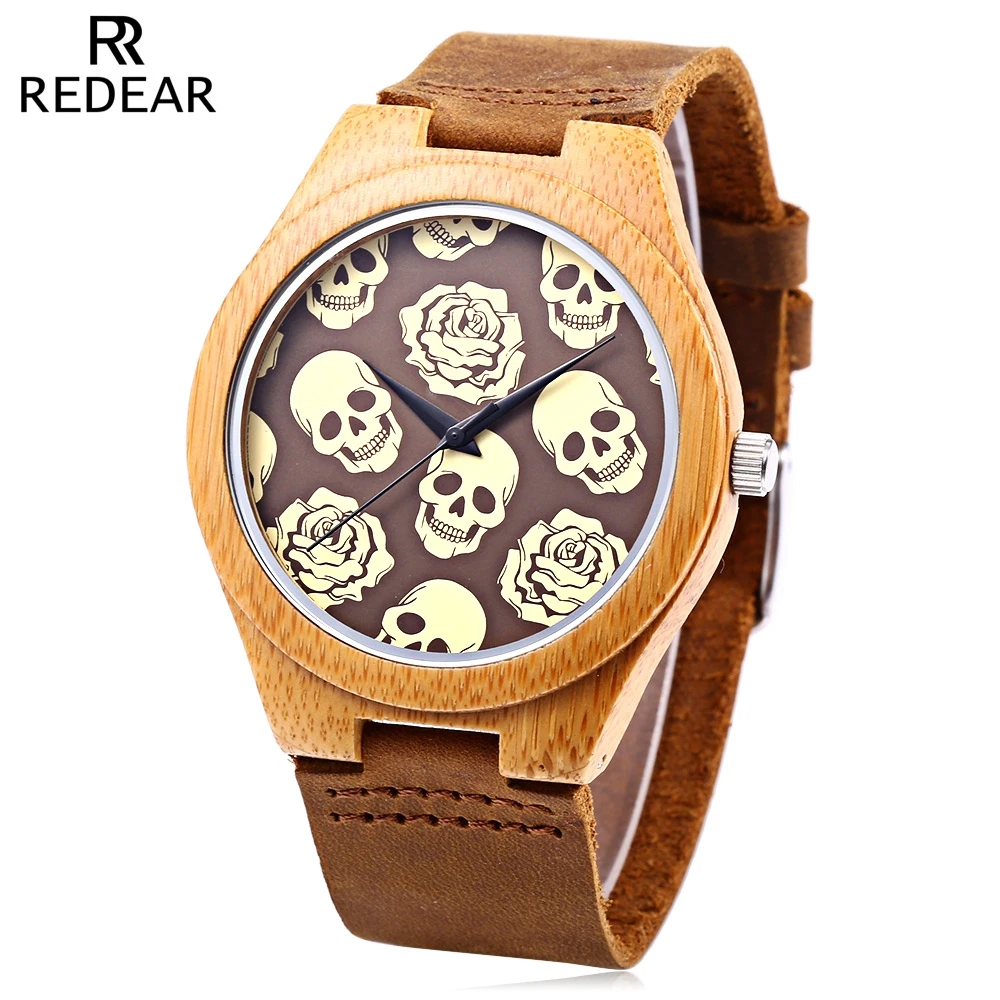 

REDEAR Men Quartz Watch Imported Movt Skull Pattern Wooden Case Wristwatch