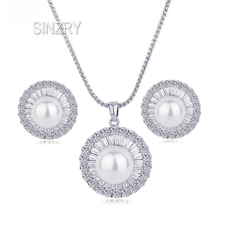

Brand new White color AAA cubic zircon micro setting simulated pearl round flower glitter choker necklace earring jewelry set