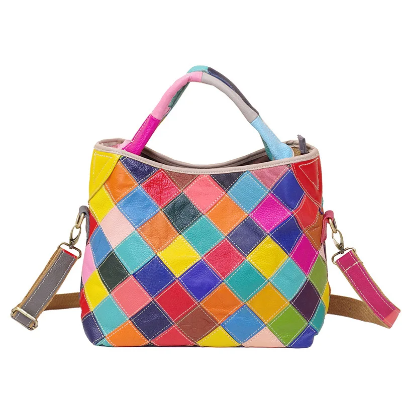 

2018 Luxury Genuine Leather Women Colorful Handbags Ladies Natural Cow Leather Shoulder Bag Female Plaid Crossbody Bags Black