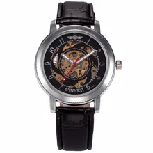 WINNER Brand Classic Mens Automatic Skeleton Black Silver Steampunk Leather Strap Mechanical Watches Relojes Hombre Gift