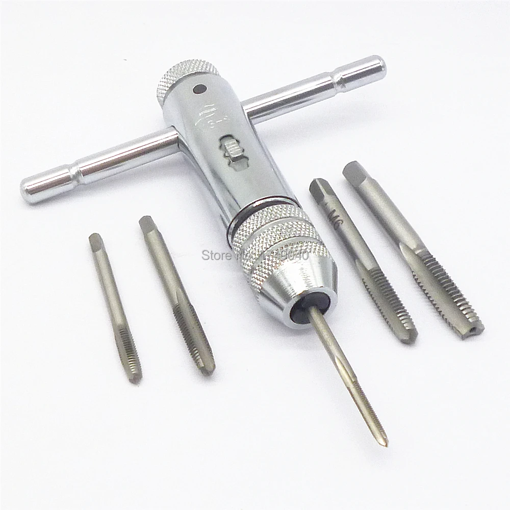 

M3-M8 T Bar Handle Reversible Ratchet Tap Wrench Tools with 5pc Hand Screw Thread Metric Plug Tap Drill Set M3 M4 M5 M6 M8